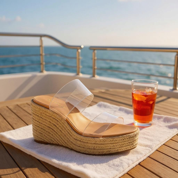 Slip On Clear Strap Espadrille Wedge Sandal Mule - Tan Beige SZ 10 M - Picture 1 of 15